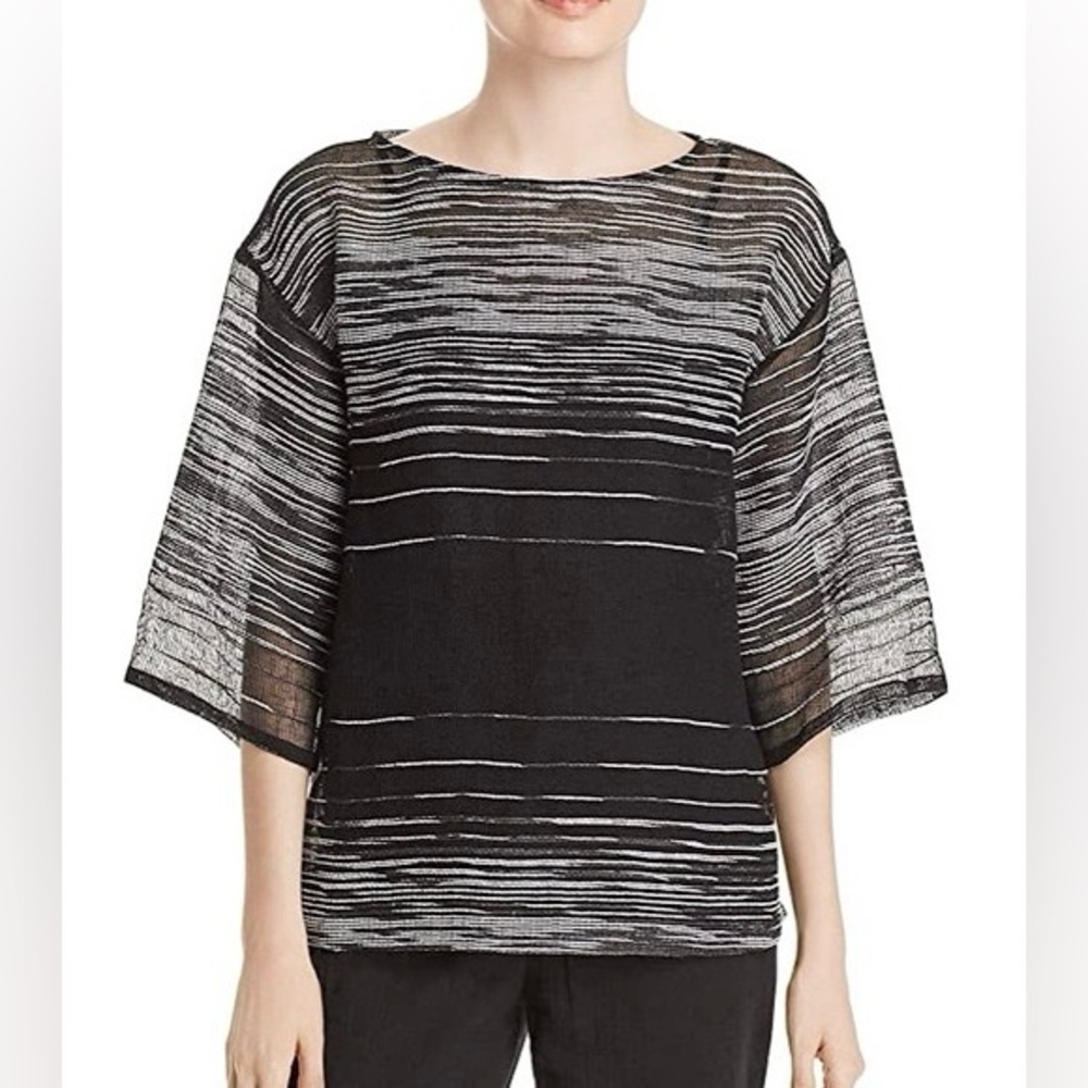 Eileen Fisher Woman Black Illusion‎ Organic Linen Mesh Bateau Neck Blouse 1X